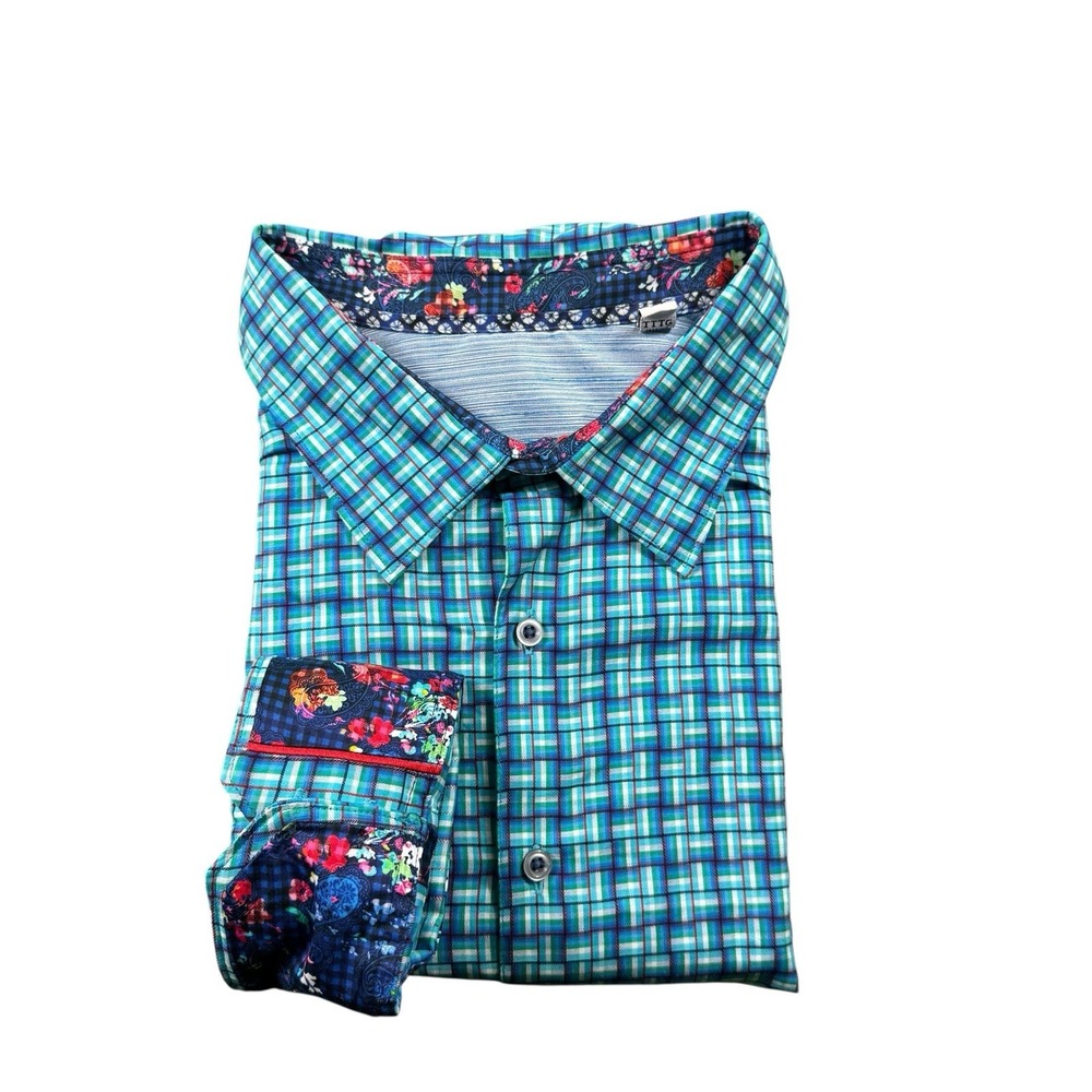 Robert Graham Mens 3XL Blue Green Red Checked Contrast Cuff Button Front Shirt
